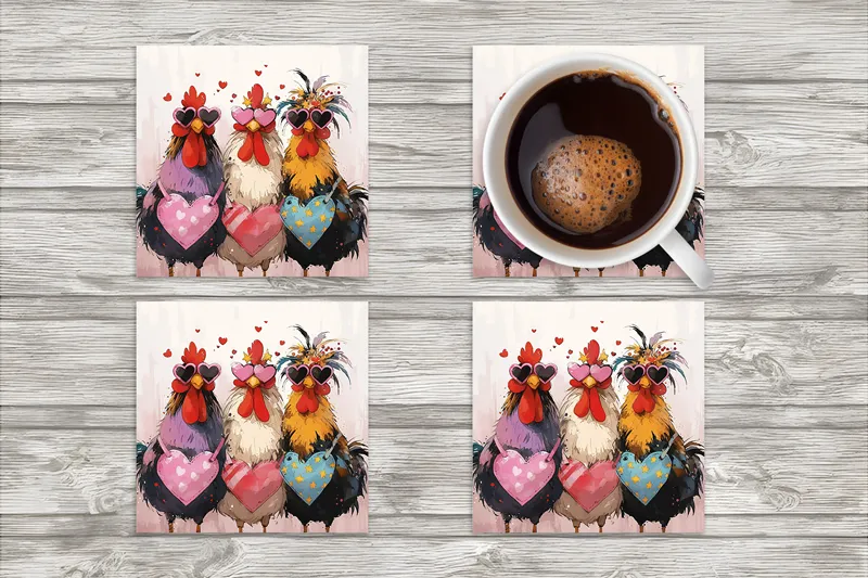 Chicks with Hearts Square Neoprene Coasters - Set of 4